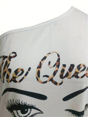 Women's Plus Leopard Slogan & Figure Print One Shoulder Long Sleeve Dress