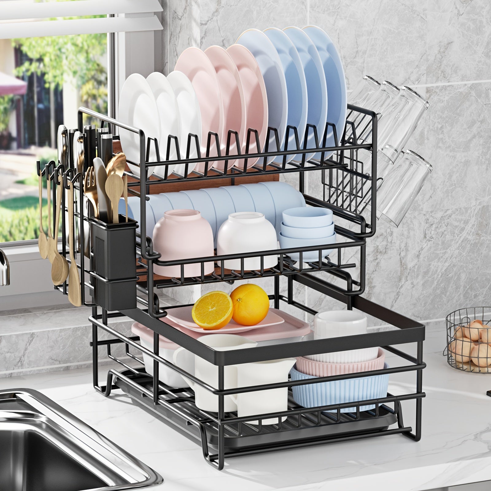 3 Tier Dish Drying Rack with Utensil Holder & Tray