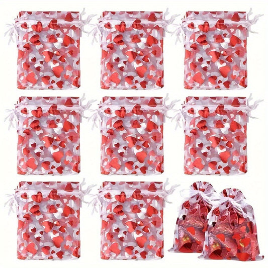 30pcs Red Heart Bags Mesh Drawstring For Christmas Wedding Favor Gift Bag