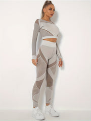 Yoga Set 2 Piece Crop Top & Leggings Stripe Hollow Out Workout Suit