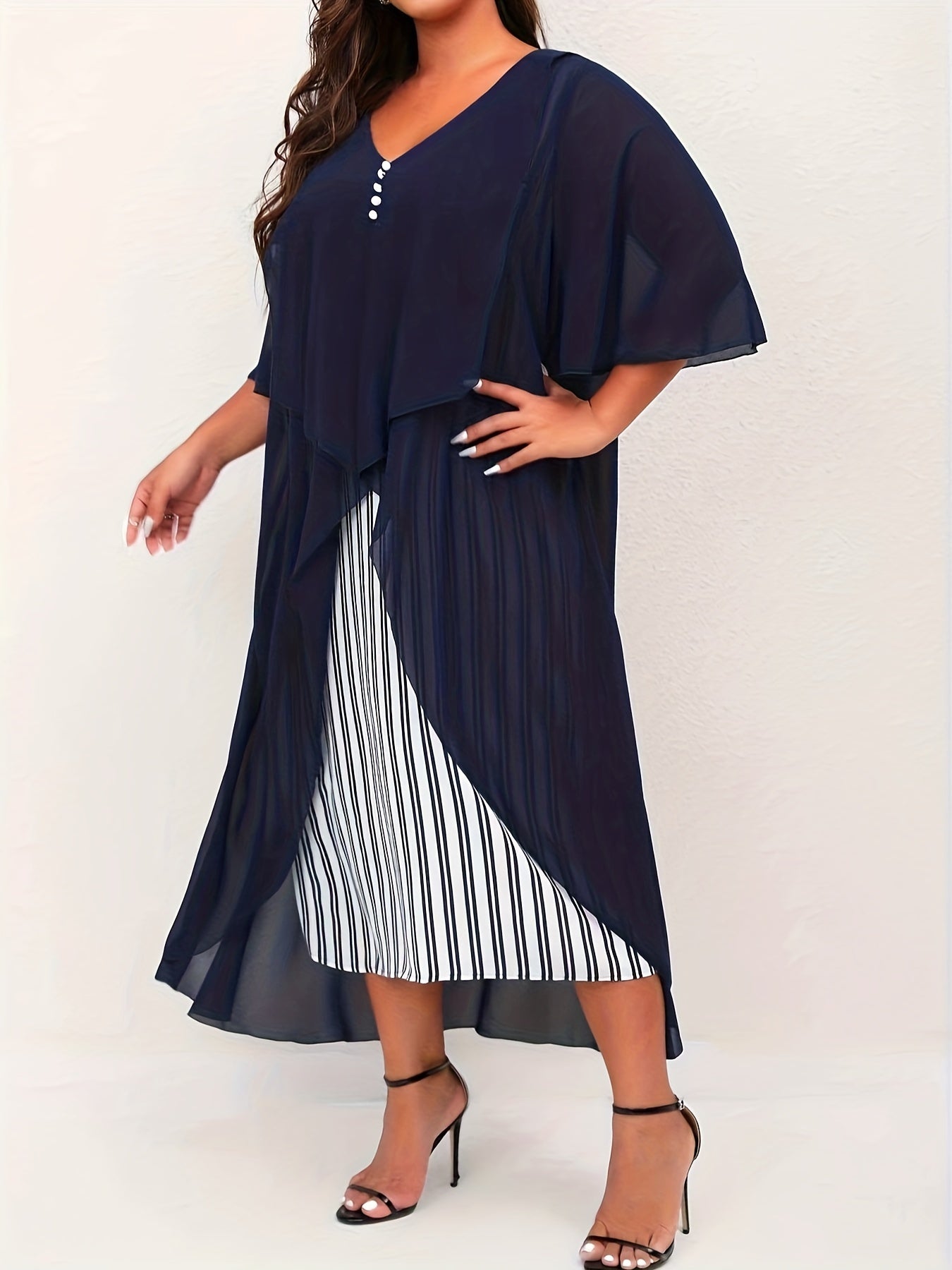 Women's Plus Colorblock Stripe Print Mesh Short Sleeve Dress