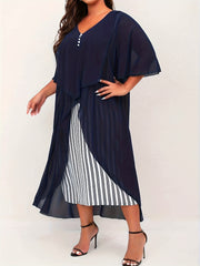 Women's Plus Colorblock Stripe Print Mesh Short Sleeve Dress