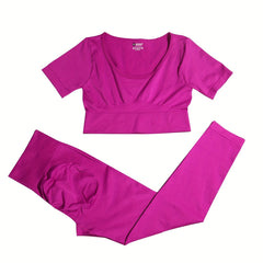 2pcs Women's Activewear Set Crew Neck Shirt & High Waist Leggings for Workouts