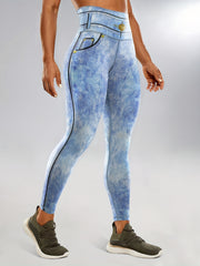 Faux Denim Print Yoga Leggings High Waist Butt Lifting Tummy Control