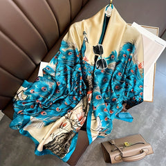 Peacock Print Large Scarf Block Satin Shawl Silk Windproof
