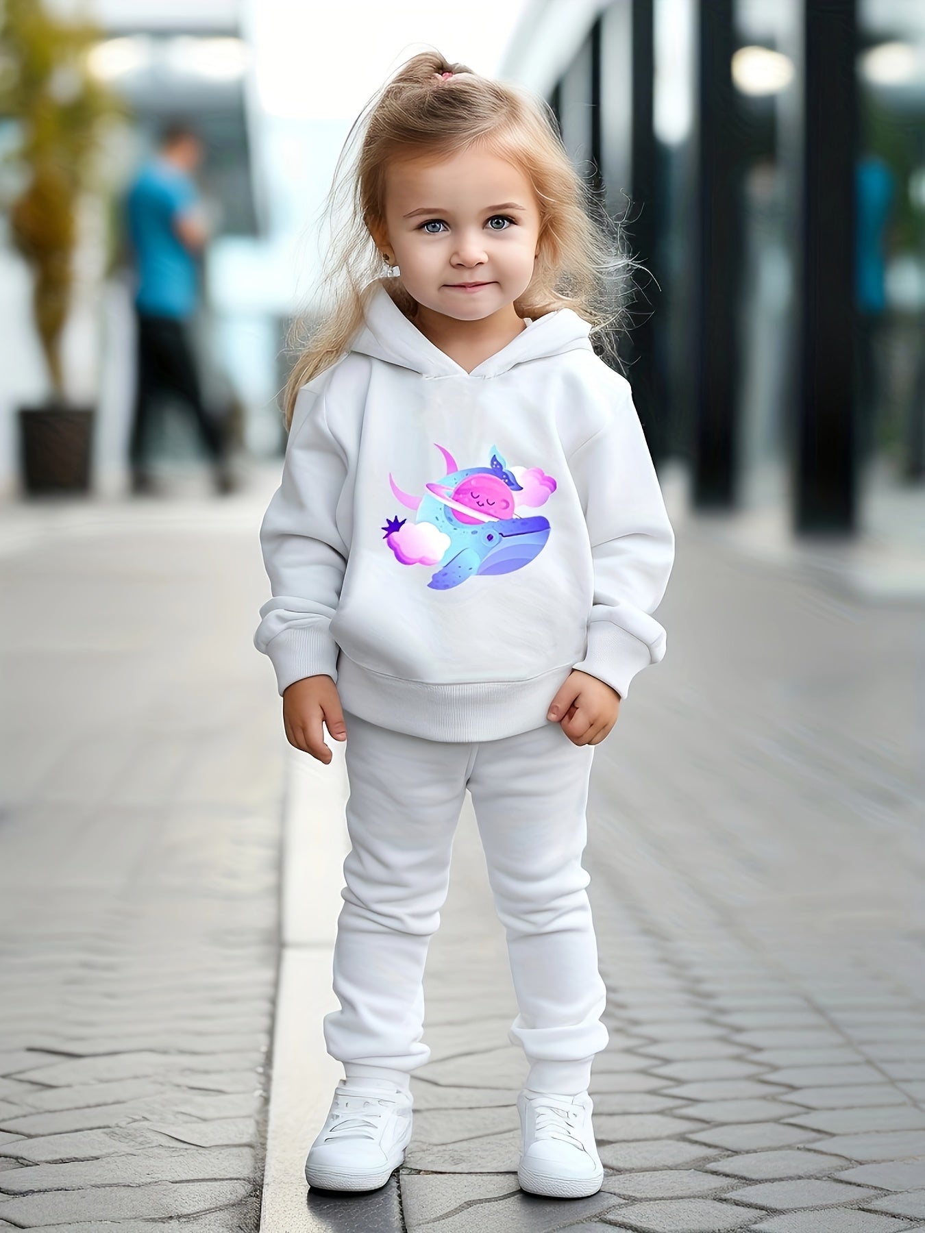 Cartoon Whale Hooded Sweatshirt and Solid Sweatpants Set for Girls