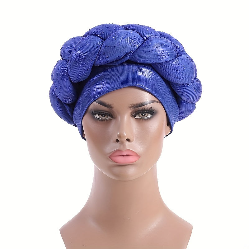 Braided Turban Cap Rhinestone Decor Elastic Head Wrap Bonnet