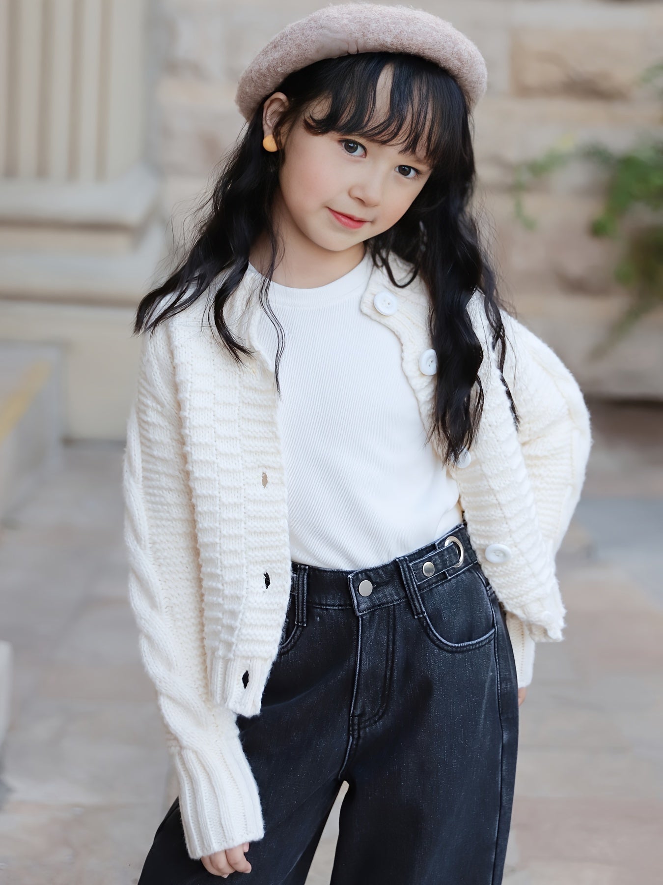 Girls Solid Button Front Knitwear Outerwear Winter Christmas Gift