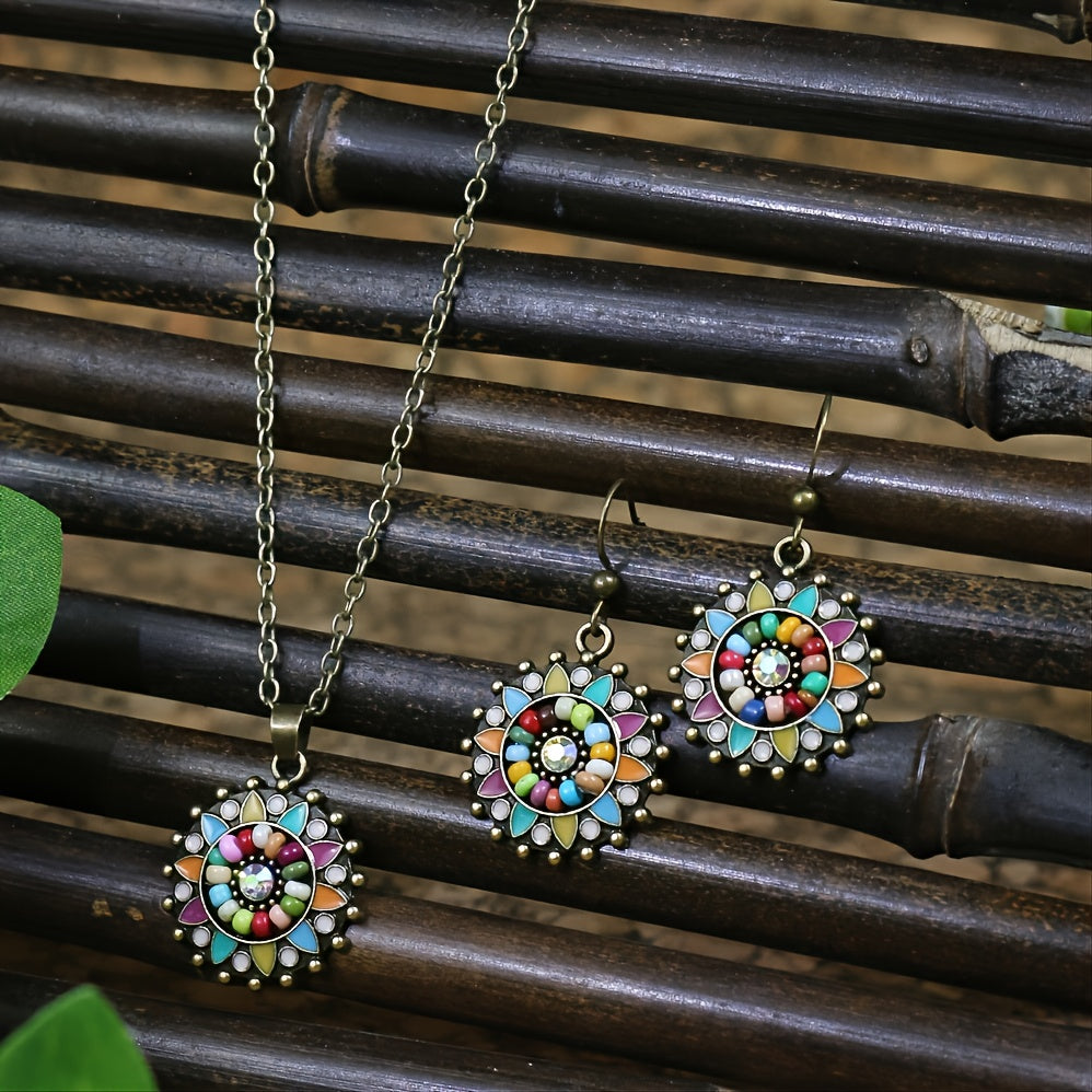 Vintage Antique Bronze Floral Beaded Earrings Necklace Set