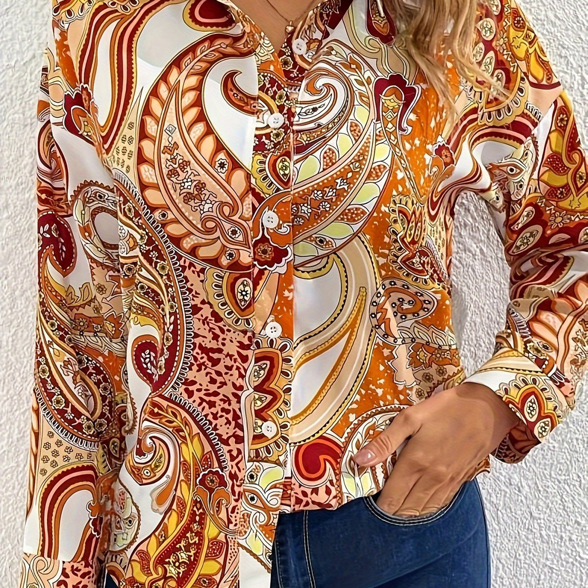 Boho Paisley Print Button Up Long Sleeve Blouse