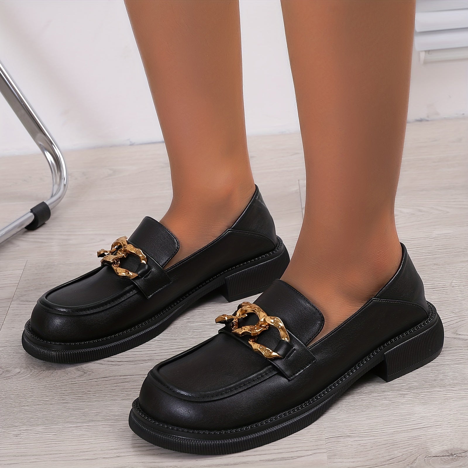 Chain Decor Chunky Heel Loafers Slip On Comfortable Walking Shoes