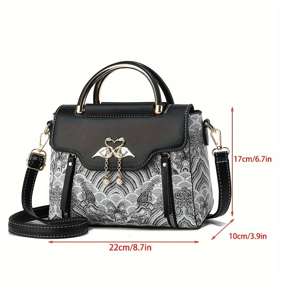 Swan Top Handle Handbag Lightweight Adjustable Strap Rhinestone Accents