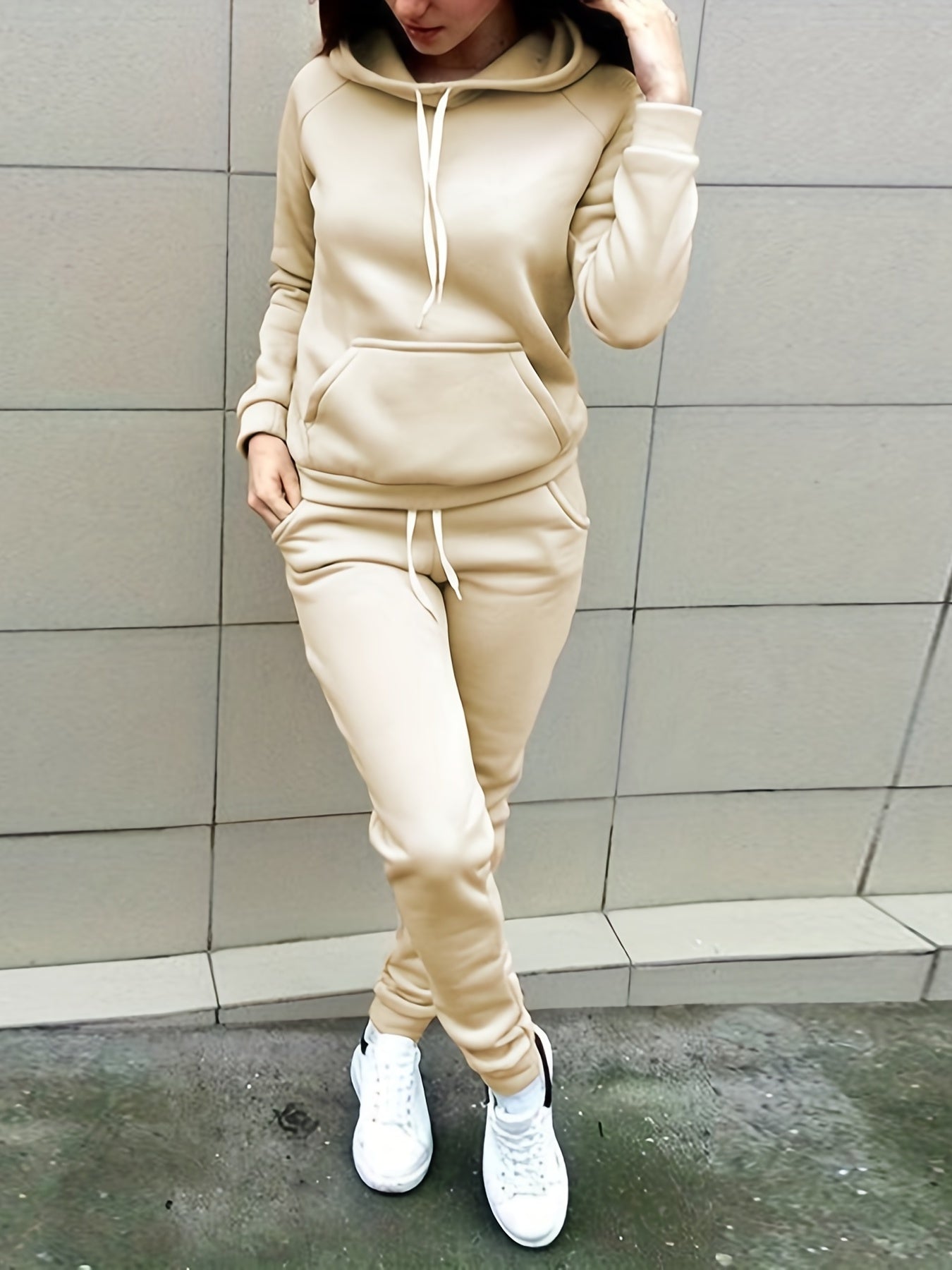 Solid Two-Piece Set Hoodie & Pants Outfit
