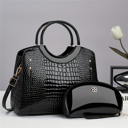 Stylish Crocodile Embossed Handbag & Clutch Set