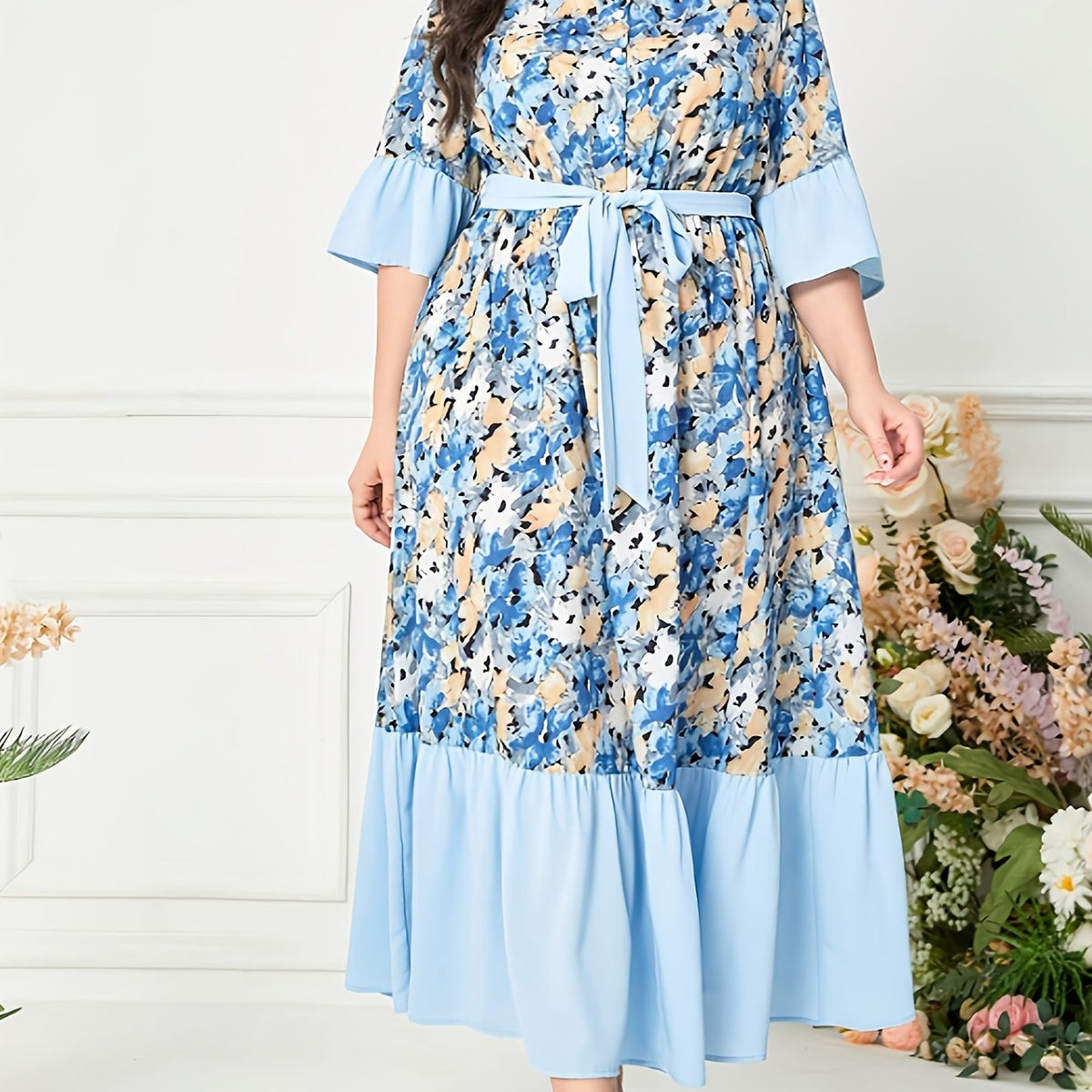  Dress Colorblock Floral Print Ruffle Trim Maxi Dress