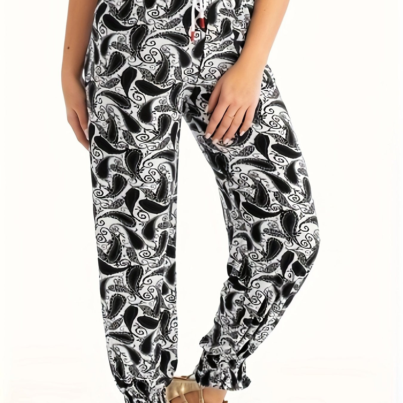  Boho Pants Women's Plus Paisley Floral Print Drawstring Elastic