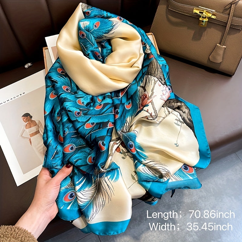 Peacock Print Large Scarf Block Satin Shawl Silk Windproof