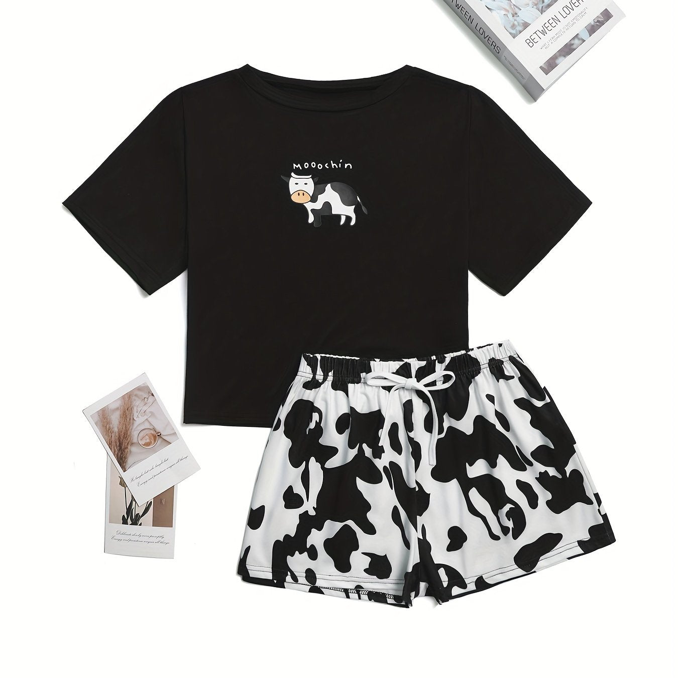 Cow Print Pajama Set Short Sleeve Top & Shorts Women's Sleepwear