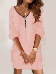 Women's Plus Solid Half Zipper Long Sleeve V Neck Mini Dress