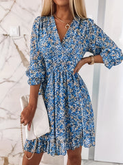 Floral Print Shirred Waist Dress V Neck Casual Dress