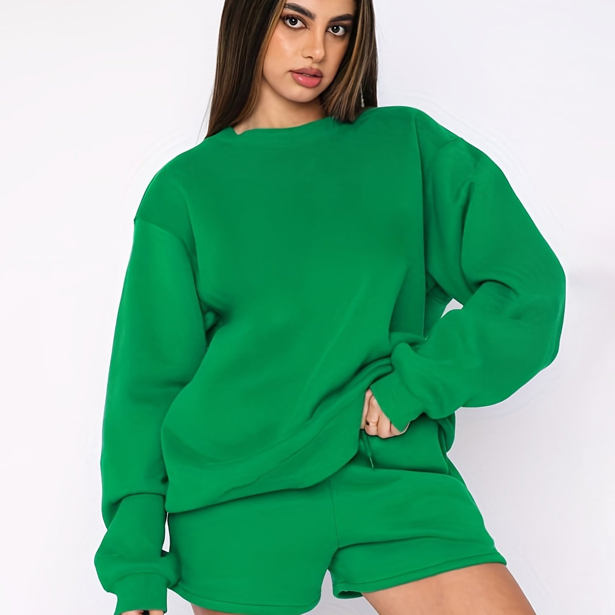 Solid Sweatshirt & Drawstring Shorts Set Women's Outfit