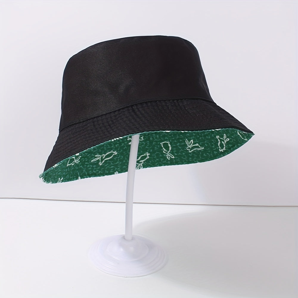 Green Rabbit Print Bucket Hat Lightweight Casual Fisherman Cap