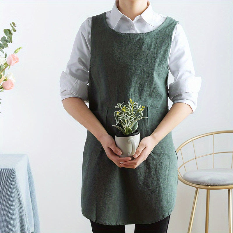 Adjustable Linen X Back Apron with Pockets for Chef Gardening Baking