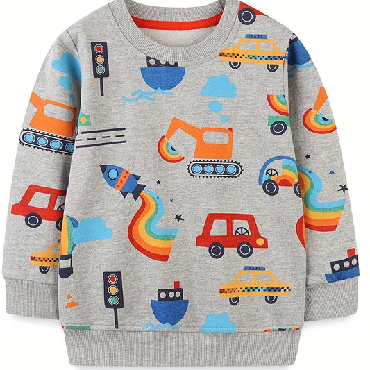 Boys' Cartoon Vehicles Print Hoodie Long Sleeve Top Pullover