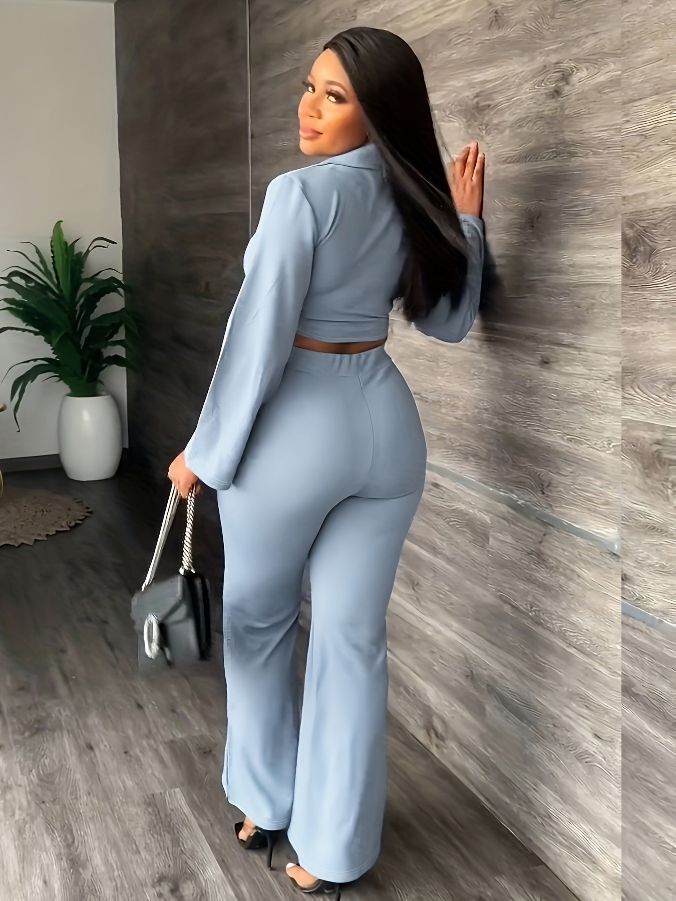  Solid Lapel Collar Crop Blazer & Wide Leg Pants Suit Set