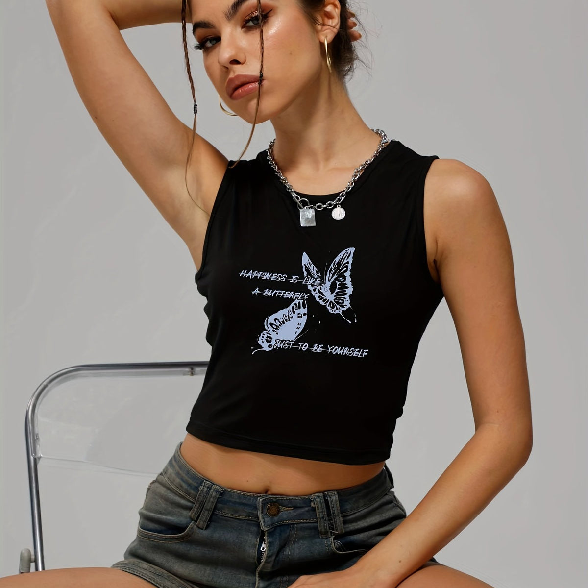 Butterfly Print Sleeveless Crop Top