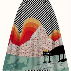  Colorblock Stripe & Cat Print Skirt
