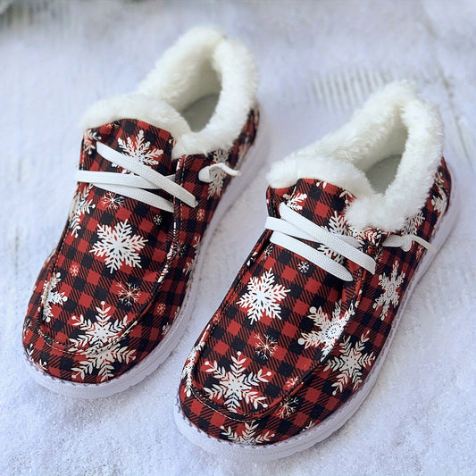 Women's Snow Boots Snowflakes & Plaid Print Plush Warm Lace-up Winter Christmas