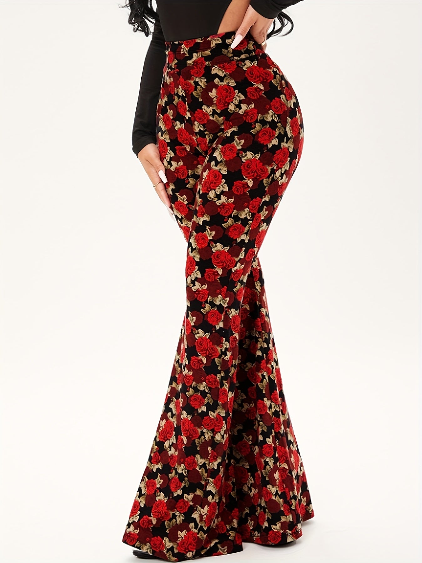 Floral Print High Rise Flared Leg Trousers