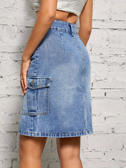 Cargo Denim Skirt Double Button Split High Waist