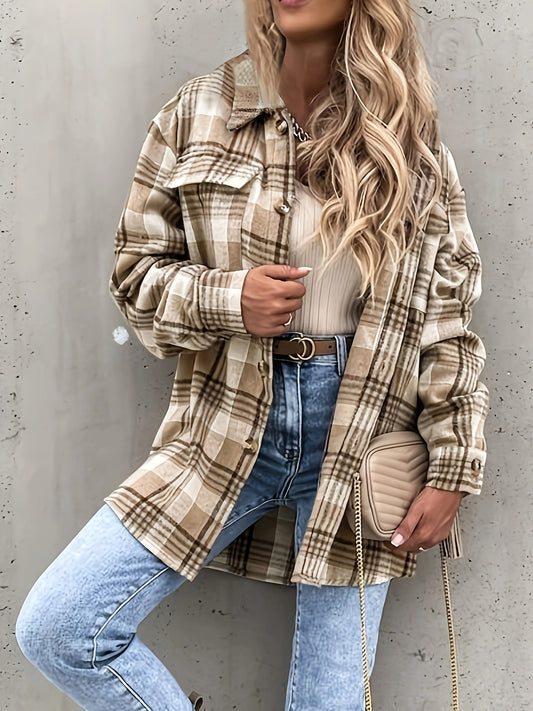 Preppy Button Plaid Drop Shoulder Jacket Casual Long Sleeve