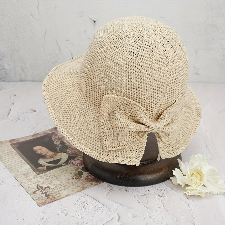 Girls Bow Decor Straw Hat Sun Protection for Beach Party