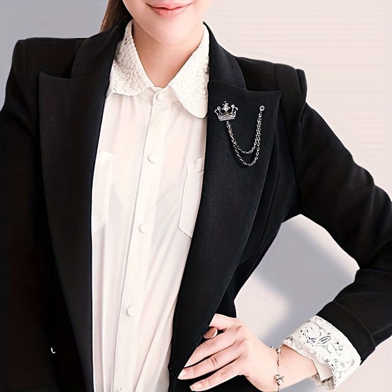 Men's Crown Brooch Rhinestone Tassel Chain Pin For Suit Shirt Backpacks Jackets