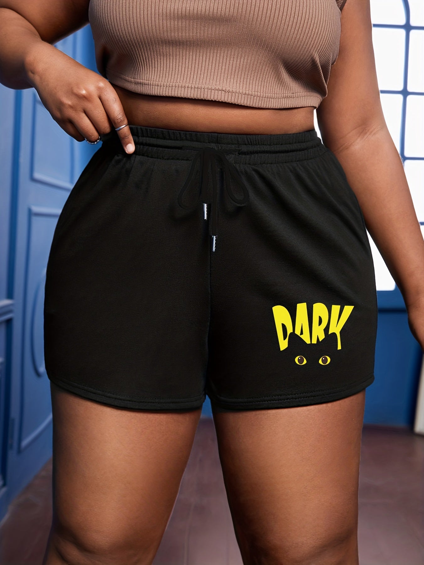 Plus Cat & Letter Print Drawstring High Rise Sporty Shorts