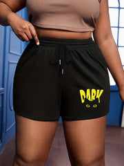 Plus Cat & Letter Print Drawstring High Rise Sporty Shorts