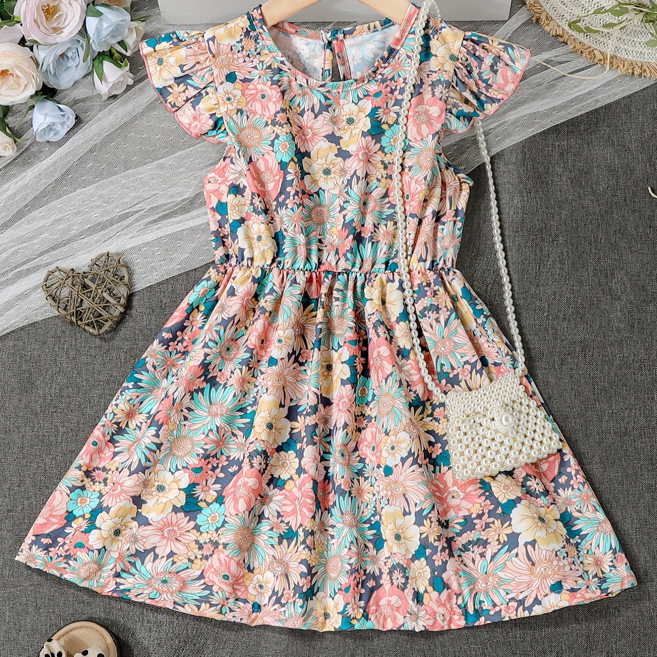 Girls Ruffle Trim Flowers Graphic Princess Dress For Party Beach Vacation