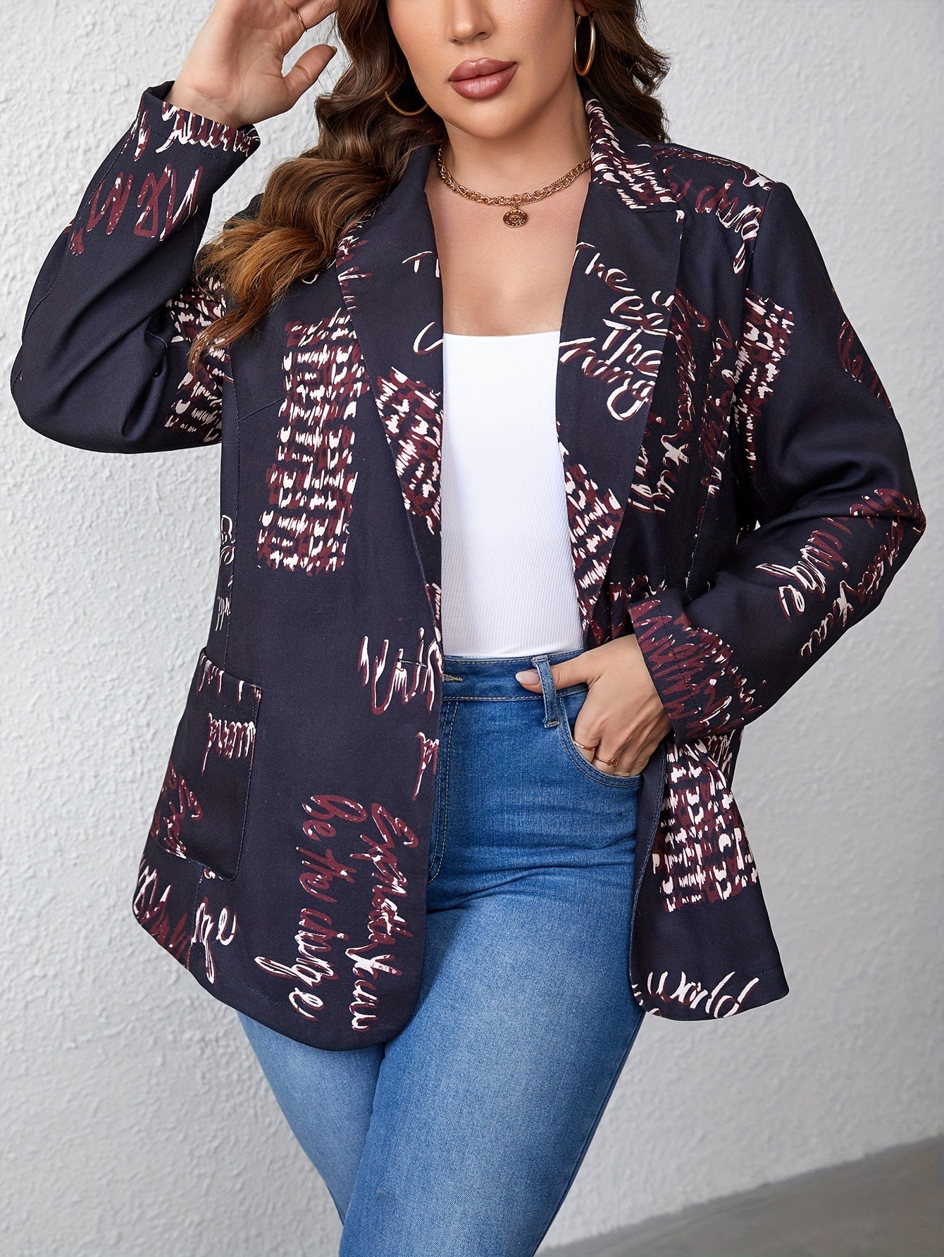  Graffiti Print Long Sleeve Blazer with Pockets