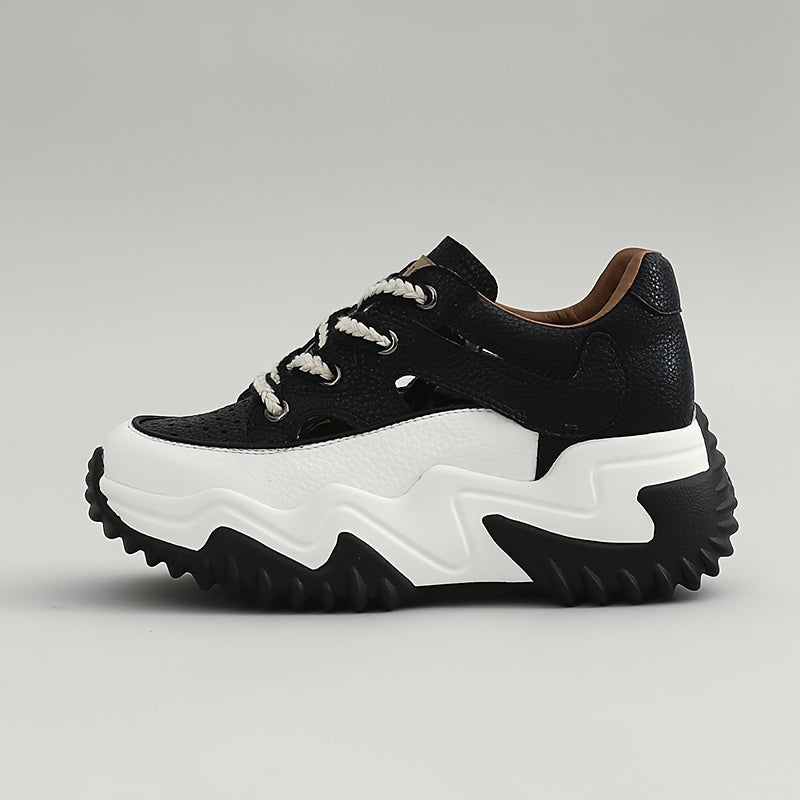 Women's Cutout Chunky Sneakers Lace Up Breathable Thick Sole Walking Shoes