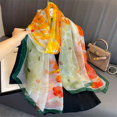 Chiffon Flower Print Scarf Soft Shawl - Women's Sunscreen Head Wrap