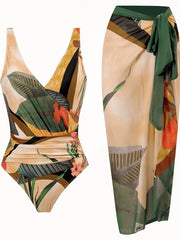 Tropical Print Two Pieces Swimsuit High Cut With Cover Up Wrap Swimsuit