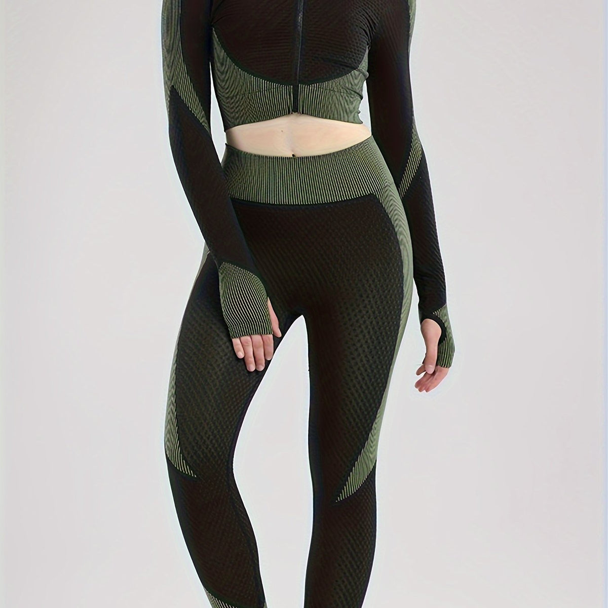 2pcs Yoga Workout Set Long Sleeve Zip Up Sports Tops & Leggings Suit