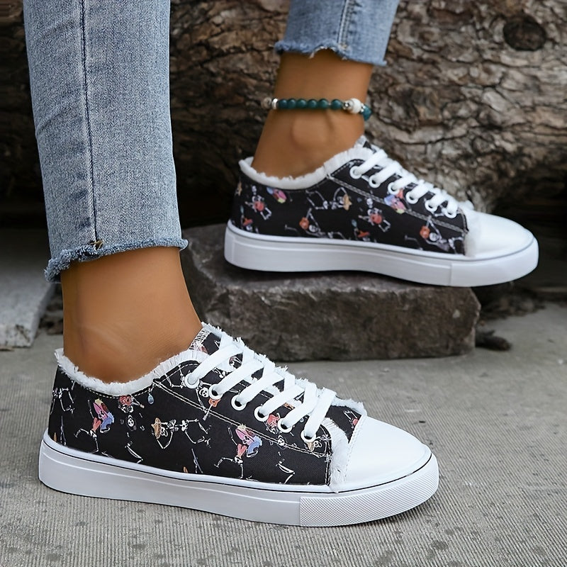 Women's Skull Print Lace Up Canvas Sneakers Lightweight Halloween Shoes