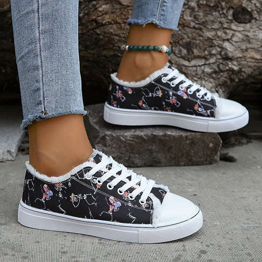 Women's Skull Print Lace Up Canvas Sneakers Lightweight Halloween Shoes