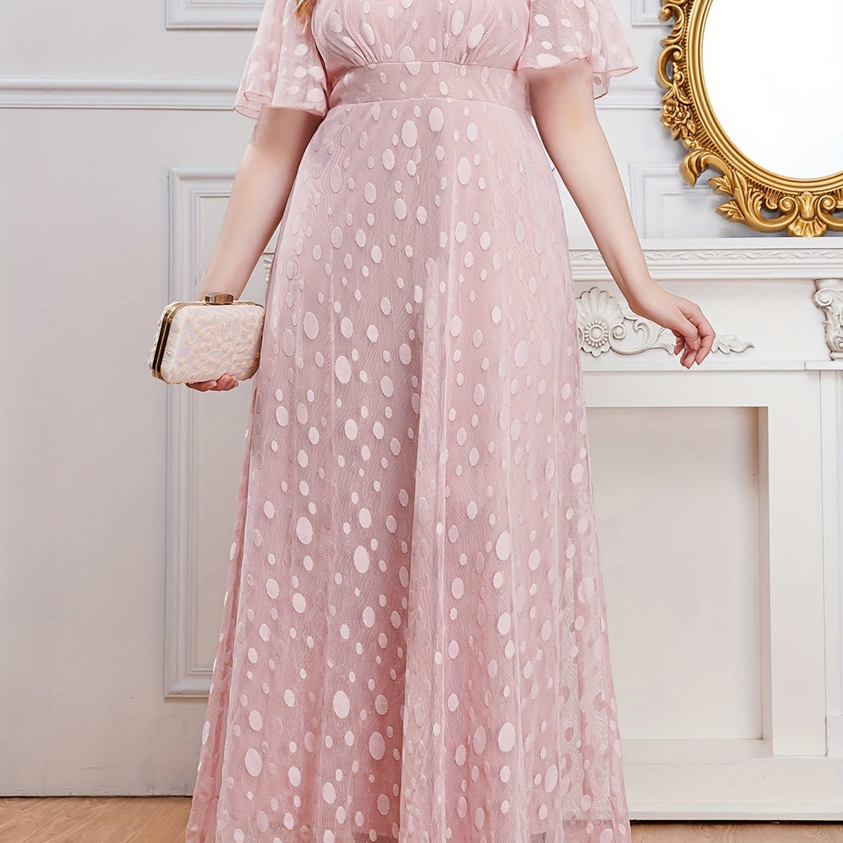  Polka Dot Mesh V Neck Maxi Evening Dress