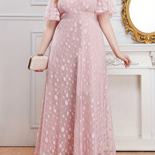  Polka Dot Mesh V Neck Maxi Evening Dress