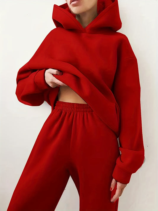 Casual Solid 2pc Set Kangaroo Pocket Hoodie & Pants Women's Outfit